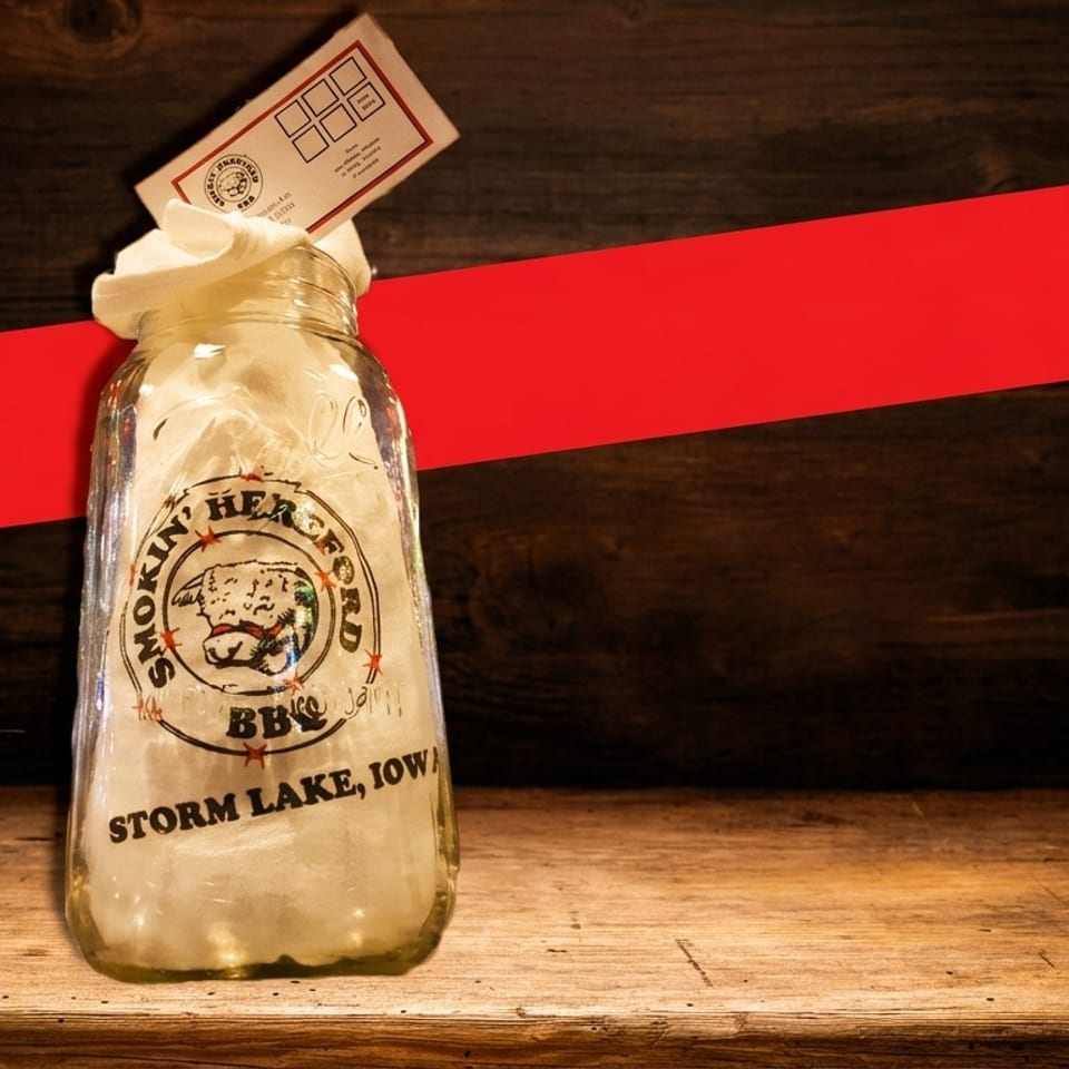 A Smokin' Hereford BBQ jar with a loyalty card on a wooden table with a red stripe.