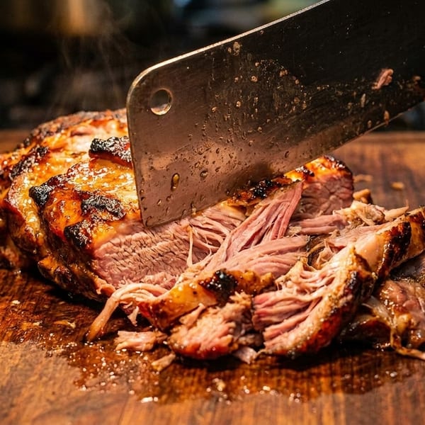 A cleaver carving succulent, smoked meat on a wooden cutting board, steam rising.