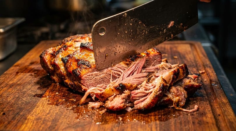 A cleaver carving succulent, smoked meat on a wooden cutting board, steam rising.