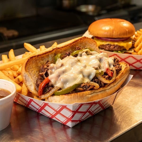 Cheesesteak with fries and a side of au jus, and a cheeseburger with waffle fries.