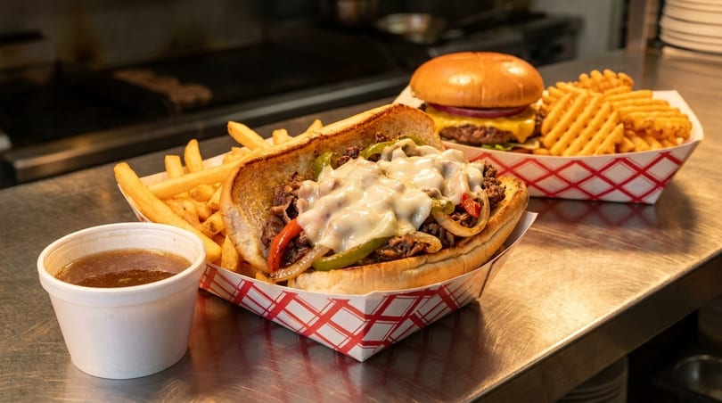 Cheesesteak with fries and a side of au jus, and a cheeseburger with waffle fries.