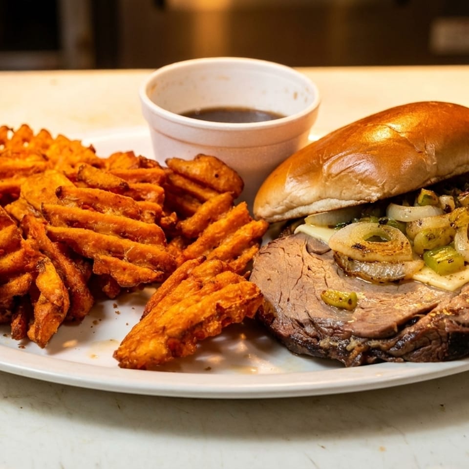 Roast beef sandwich with melted cheese, grilled onions, and peppers, served with waffle fries and au jus.