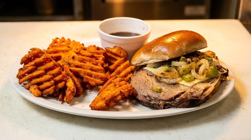 Roast beef sandwich with melted cheese, grilled onions, and peppers, served with waffle fries and au jus.