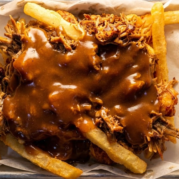 Close-up of golden french fries topped with pulled pork and rich brown gravy in a metal tray.